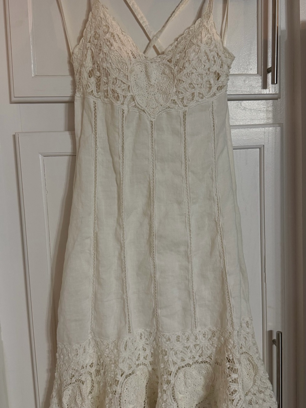 Sue Wong Cream Crochet-Trim Maxi Slip Dress with 100% silk